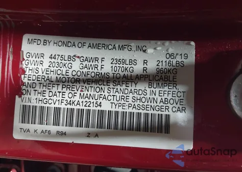 2019 Honda Accord Sport z USA, uszkodzony, nr VIN 1HGCV1F34KA122154